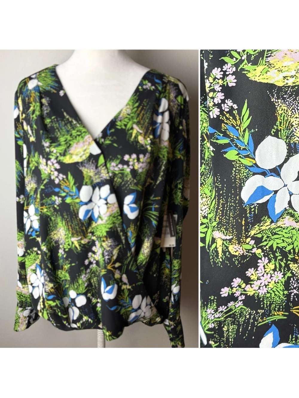NEW Halogen Blouse Size Medium Top Long Sleeves V-Neck Floral Botanical Black